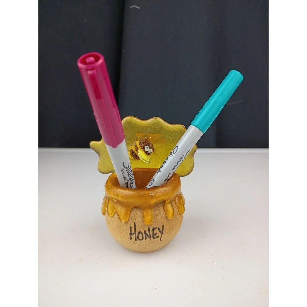 Vintage Wood  Honey Miel Honey Pot Pencil/Stick/Sewing Needles  Holder 🐝 Bee